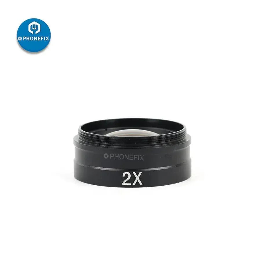 PhoneFix 0.5X Barlow lens auxiliary objective glass for microscope C-mount, enhances 180X to 300X magnification.