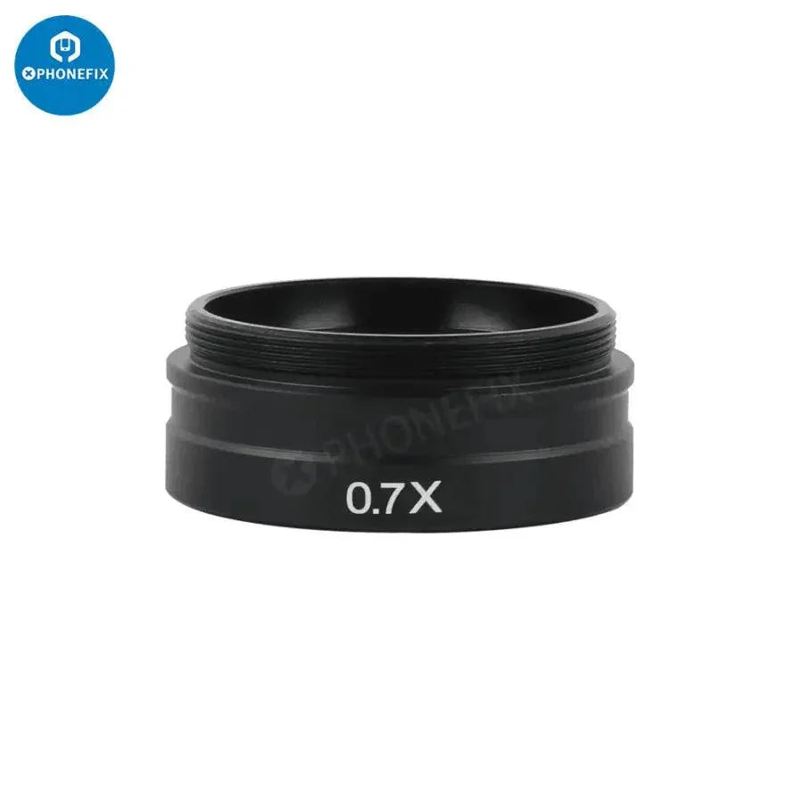 PhoneFix 0.5X Barlow lens auxiliary objective glass for 180X and 300X C-mount microscopes, enhances magnification.