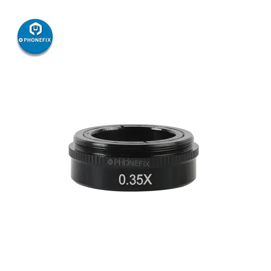 PhoneFix 0.5X Barlow lens auxiliary objective glass for microscope C-mount, enhancing 180X to 300X magnification.