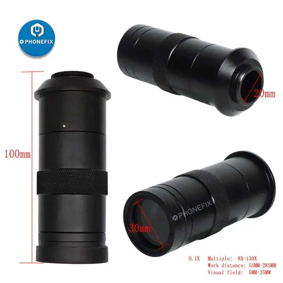 PhoneFix adjustable 130X-250X zoom C-mount lens for microscope camera, microscope accessories for enhanced imaging.