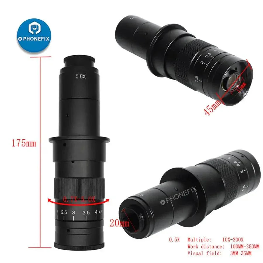 Phonefix adjustable 130X, 200X, 250X zoom C-mount lens for microscope cameras, versatile microscopy accessory.