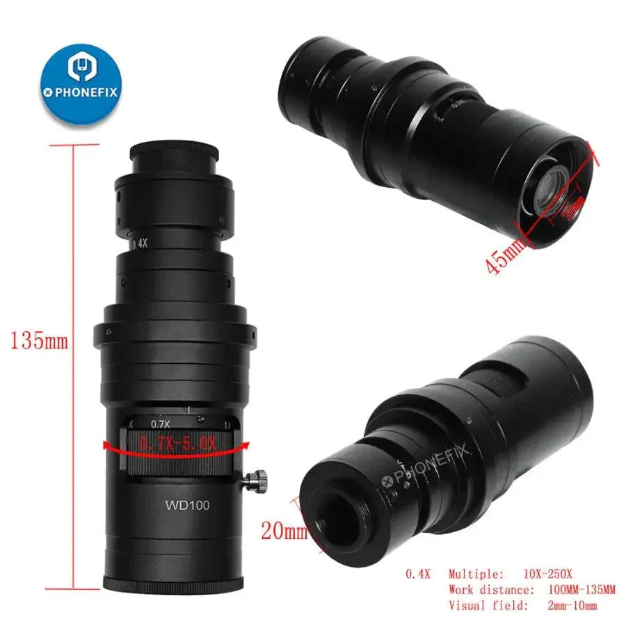 Adjustable PHONEFIX C-mount lens for microscope camera with 130X, 200X, 250X zoom for detailed microscopic imaging.