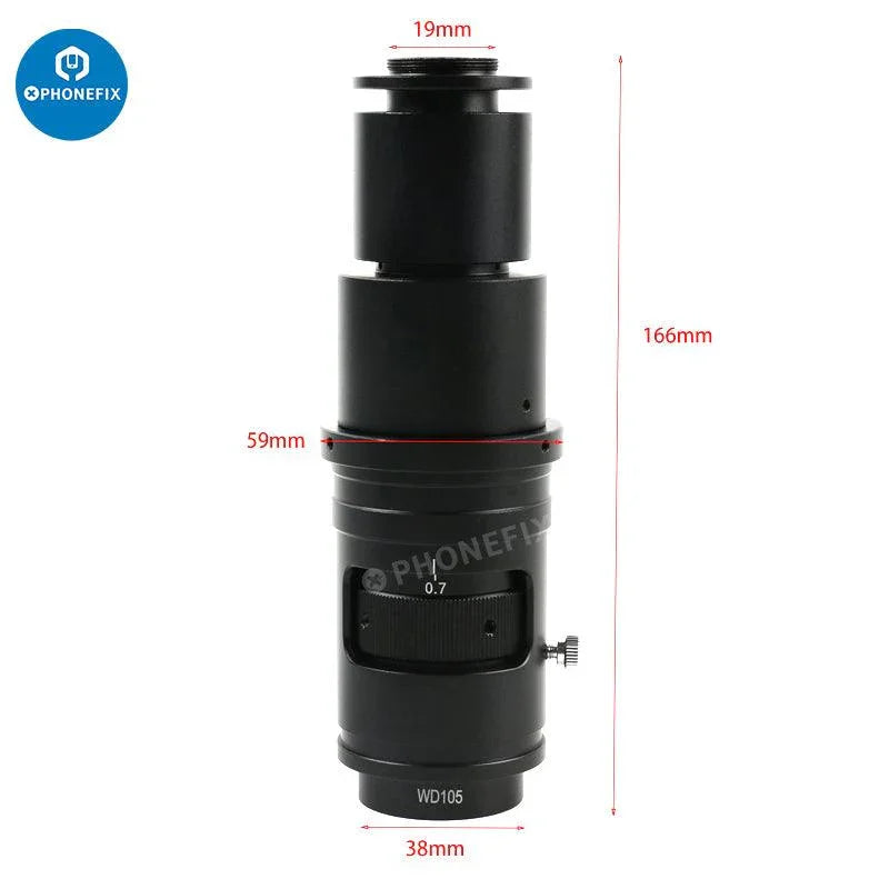 Adjustable zoom C-mount glass lens adapter for microscope cameras, compatible with PHONEFIX microscope accessories.