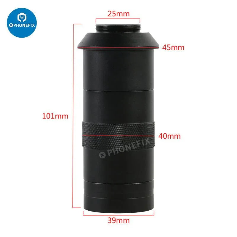 Adjustable Zoom C-Mount Glass Lens Adapter for microscope cameras, showing the lens and mounting hardware by PHONEFIX.