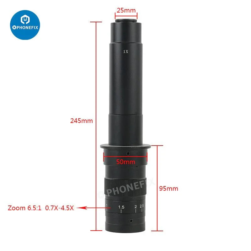 Adjustable Zoom C-Mount Glass Lens Adapter for microscope camera, by PHONEFIX, showing the compact, glass lens with mounting hardware.