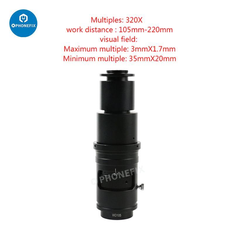 Adjustable Zoom C-Mount Glass Lens Adapter for microscope cameras by PHONEFIX, showing the lens and mounting hardware.