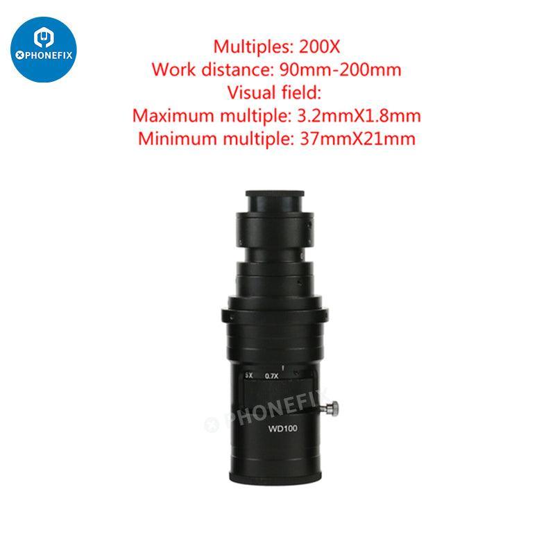 Adjustable Zoom C-Mount Glass Lens Adapter for microscope cameras by PHONEFIX, showing the lens and mounting features.