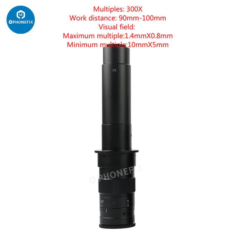 Adjustable Zoom C-Mount Glass Lens Adapter for microscope camera by PHONEFIX, showing the lens and mounting components.