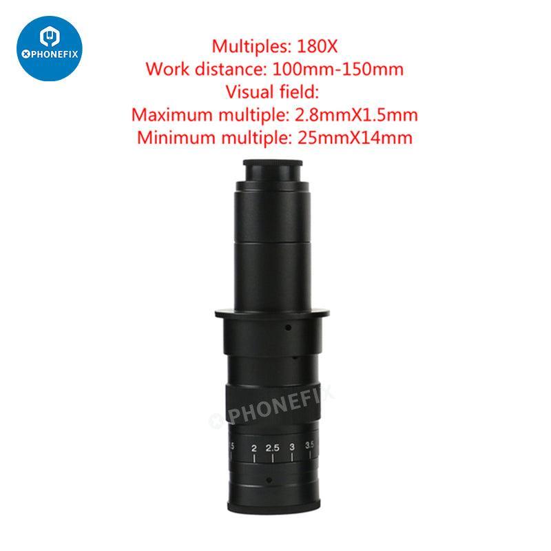 Adjustable Zoom C-Mount Glass Lens Adapter for microscope cameras by PHONEFIX, showing the lens and mounting components.