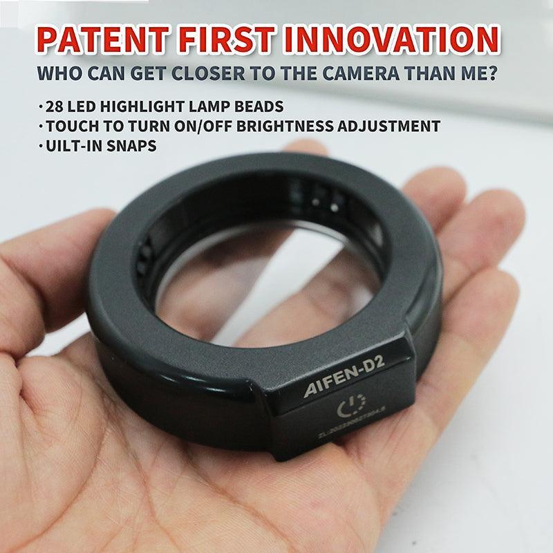 AIFEN D2 LED circle illuminator ring lamp attached to a microscope for enhanced lighting during microscopic viewing.