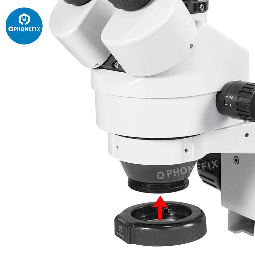 Aifen D2 LED circle illuminator ring lamp attached to a microscope camera, providing bright, even lighting for detailed microscopy imaging.