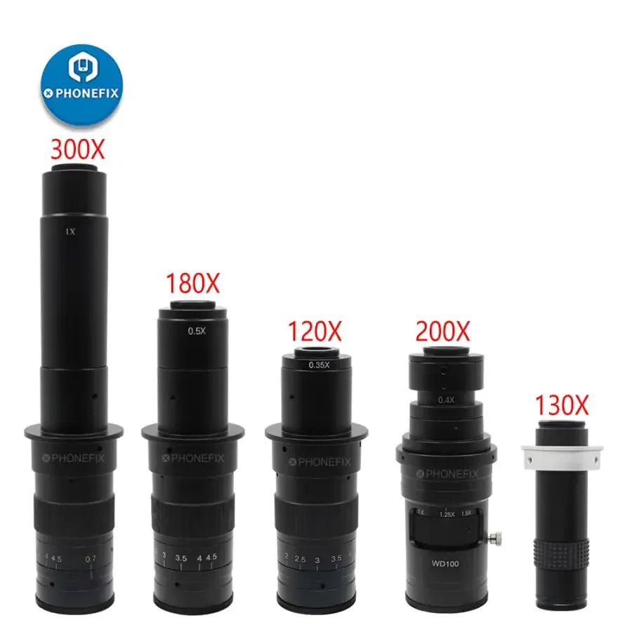 PhoneFix 0.7X-4.5X zoom C-mount lens adapter for industry microscope cameras, showing the compact metal construction and mounting details.
