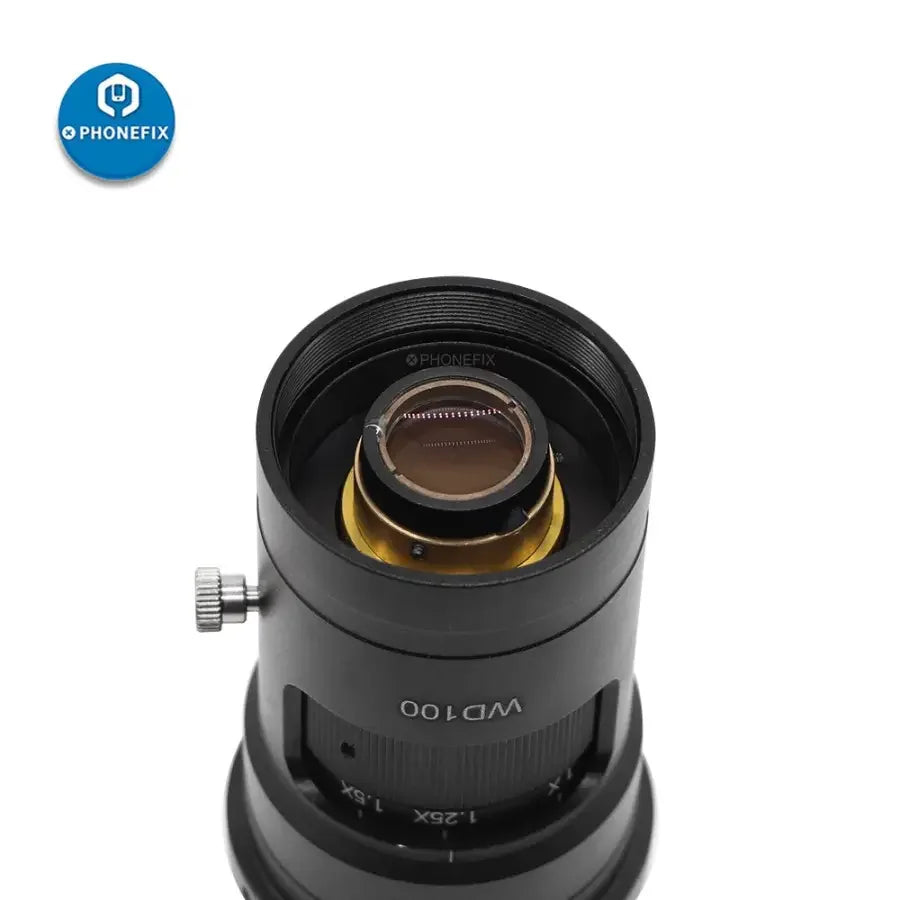 PhoneFix 0.7x-4.5x zoom C-mount lens adapter for industry microscope cameras, showing the compact metallic design and adjustable zoom.