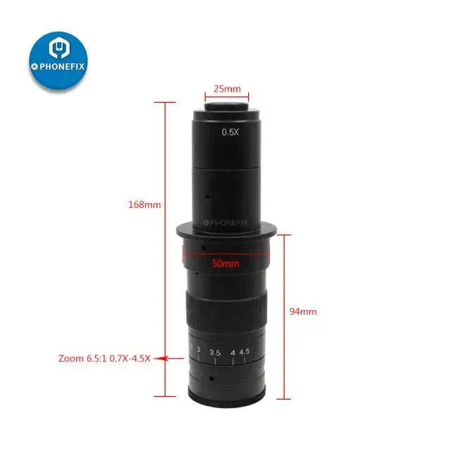 PhoneFix 0.7X-4.5X zoom C-mount lens adapter for industrial microscope cameras, shown attached to a microscope setup.