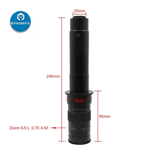 PhoneFix 0.7X-4.5X zoom C-mount lens adapter for industrial microscope cameras, shown attached to a microscope setup.