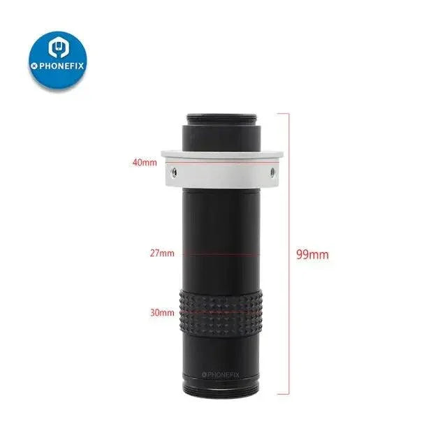 PhoneFix 0.7X-4.5X zoom C-mount lens adapter for industry microscope cameras, showing the compact metal design and mounting details.