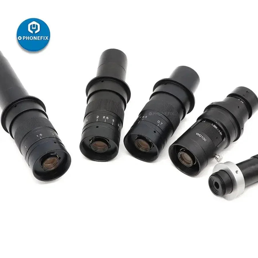 PHONEFIX 0.7X-4.5X zoom C-mount lens adapter for microscope cameras, showing the adjustable lens with focus and zoom rings.