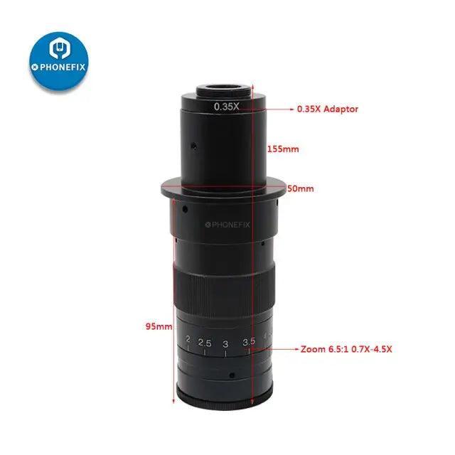 PhoneFix 0.7X-4.5X zoom C-mount lens adapter for industry microscope cameras, shown attached to a microscope setup.