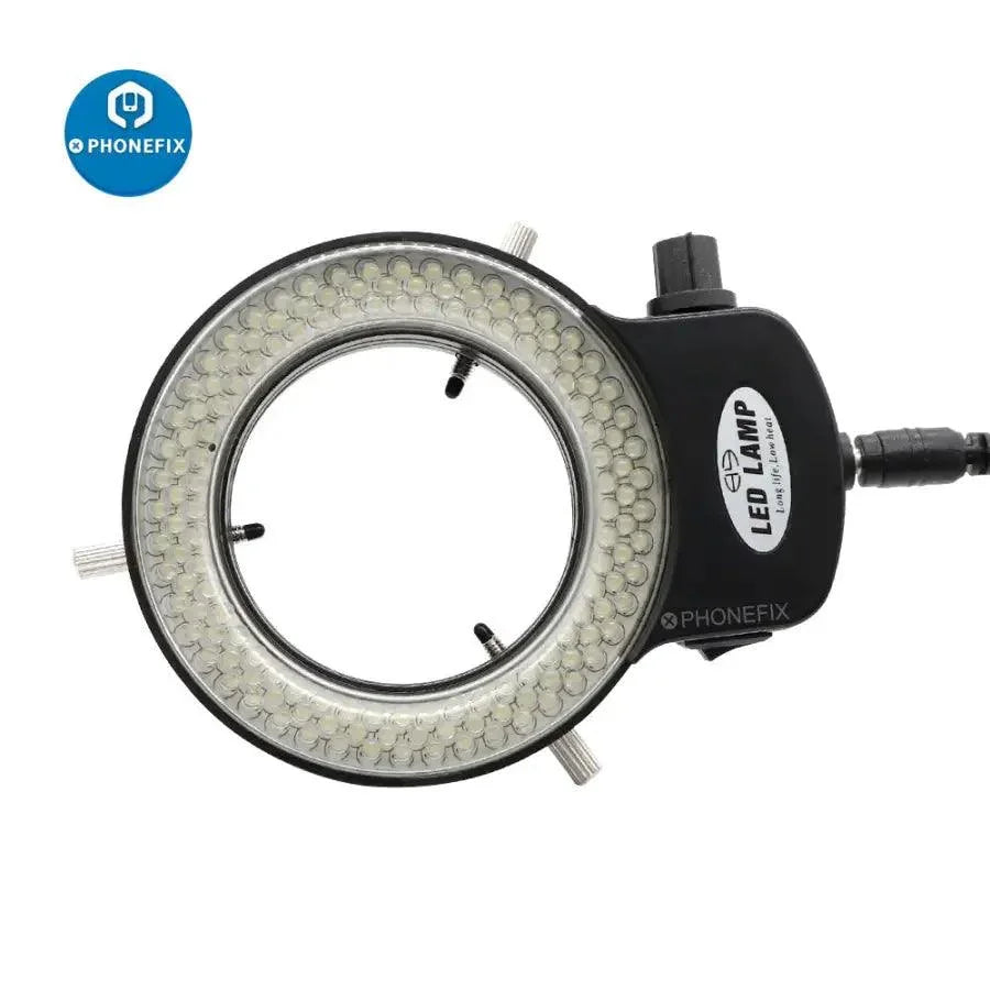 Adjustable 144 LED ring light illuminator for microscope camera, a PHONEFIX microscope accessory with EU plug for enhanced lighting.