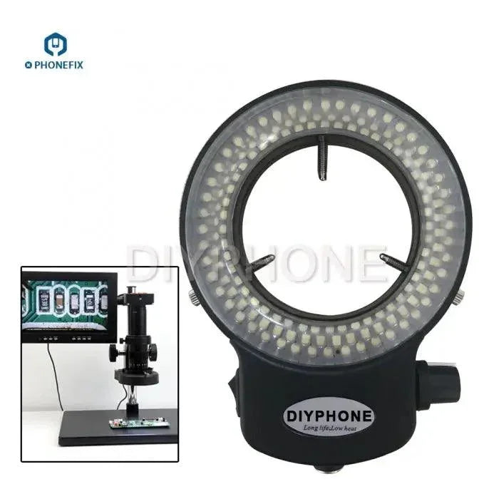 Adjustable 144 LED ring light illuminator for microscope camera, by PHONEFIX, with EU plug and flexible brightness control.