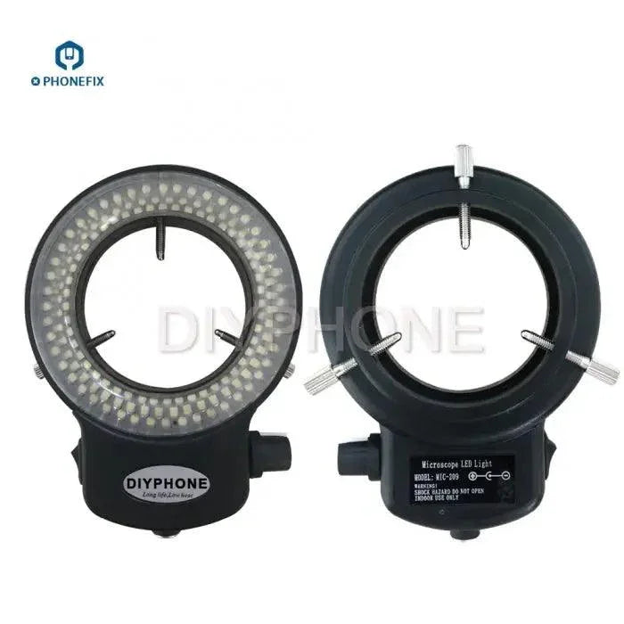Adjustable 144 LED ring light illuminator for microscope camera, a PHONEFIX microscope accessory with EU plug for bright, even lighting.