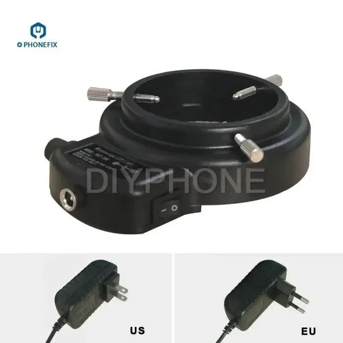 Adjustable 144 LED ring light illuminator for microscope camera, a PHONEFIX microscope accessory with EU plug for enhanced lighting.