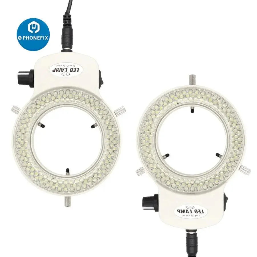 Adjustable PHONEFIX 144/60 LEDs microscope ring light with adapter, ideal for enhancing illumination during microscopy tasks.