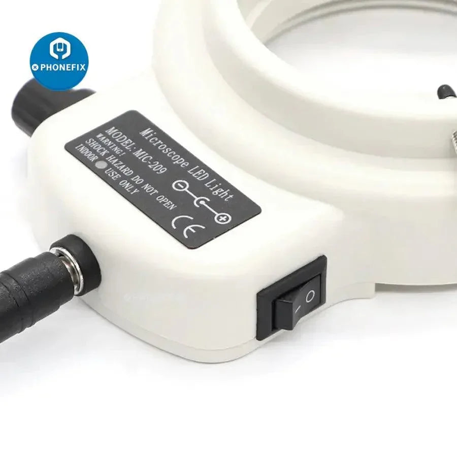 Adjustable 144/60 LEDs microscope ring light with adapter, PHONEFIX brand, designed for enhanced illumination during microscopy.