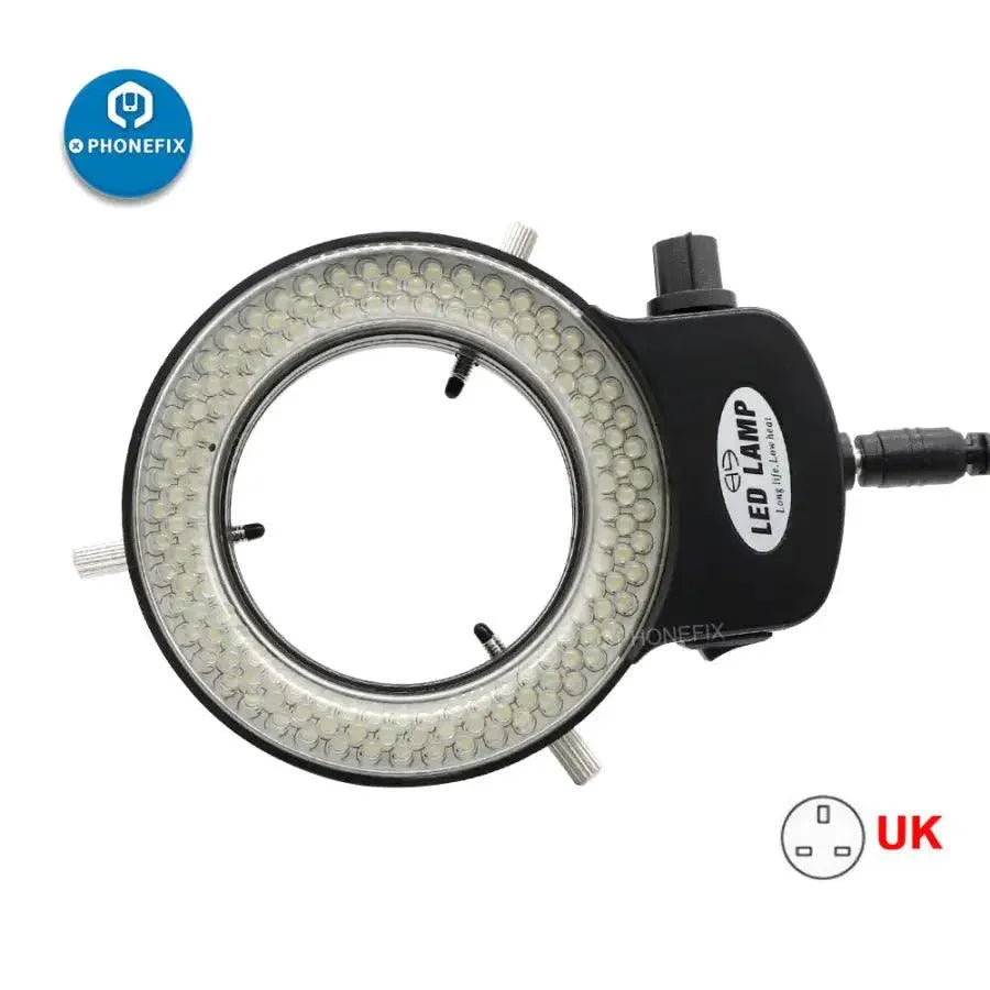 Adjustable 144-LED microscope ring light with adapter by PHONEFIX, designed for enhanced illumination during microscopy work.