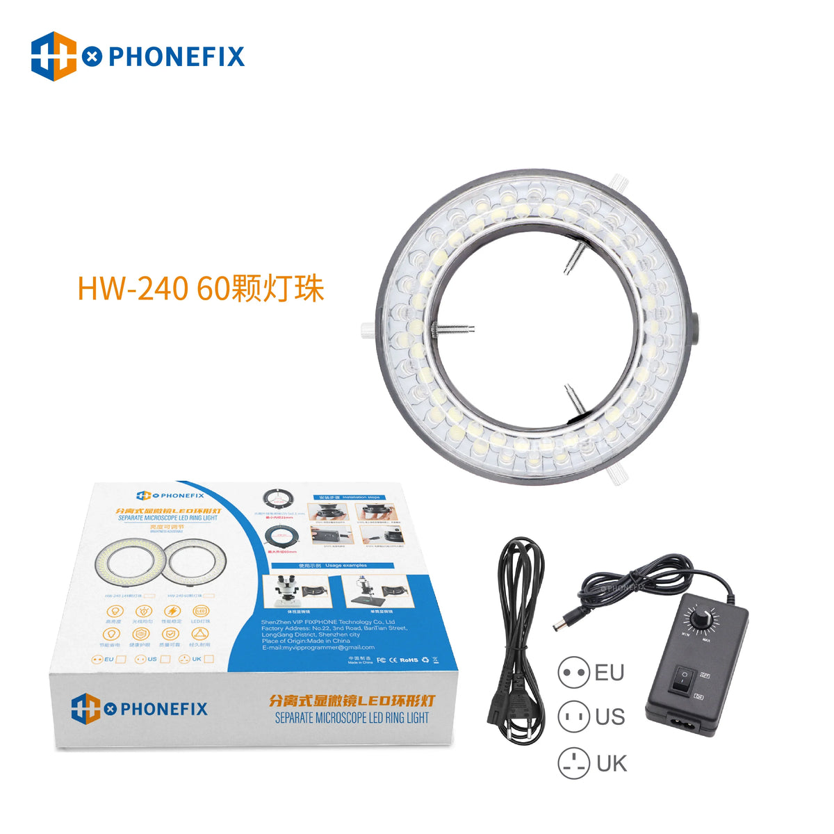 PHONEFIX adjustable 144/60 LEDs microscope ring light with adapter, microscope accessory for enhanced illumination and clarity.