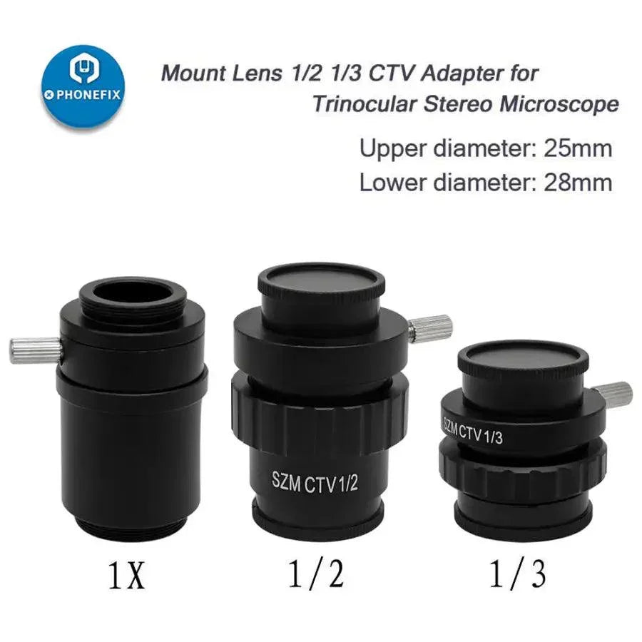 C-Mount lens adapter for stereo microscope, 0.35X and 0.5X magnification, compatible with TV1/2 and 1/3 CTV microscope accessories.