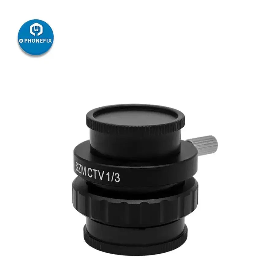 PhoneFIX C-Mount Lens adapter for stereo microscopes, 0.35X and 0.5X magnification, compatible with TV1/2 and 1/3 CTV models.