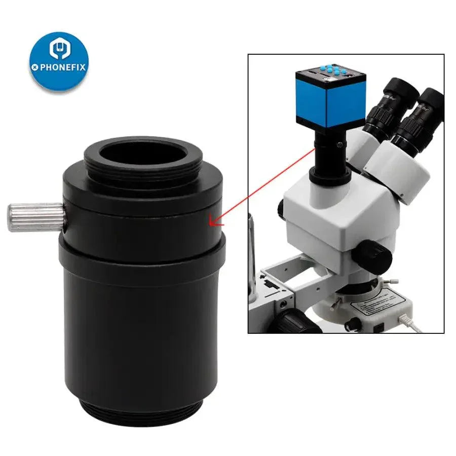 PhoneFIX C-mount lens adapter for stereo microscopes, 0.35X and 0.5X magnification, compatible with TV1/2 and 1/3 CTV adapters.