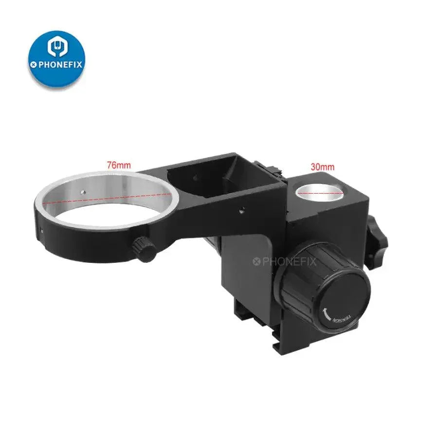 Adjustable microscope head holder arm stand with 76mm focus bracket, compatible with PHONEFIX microscope accessories.