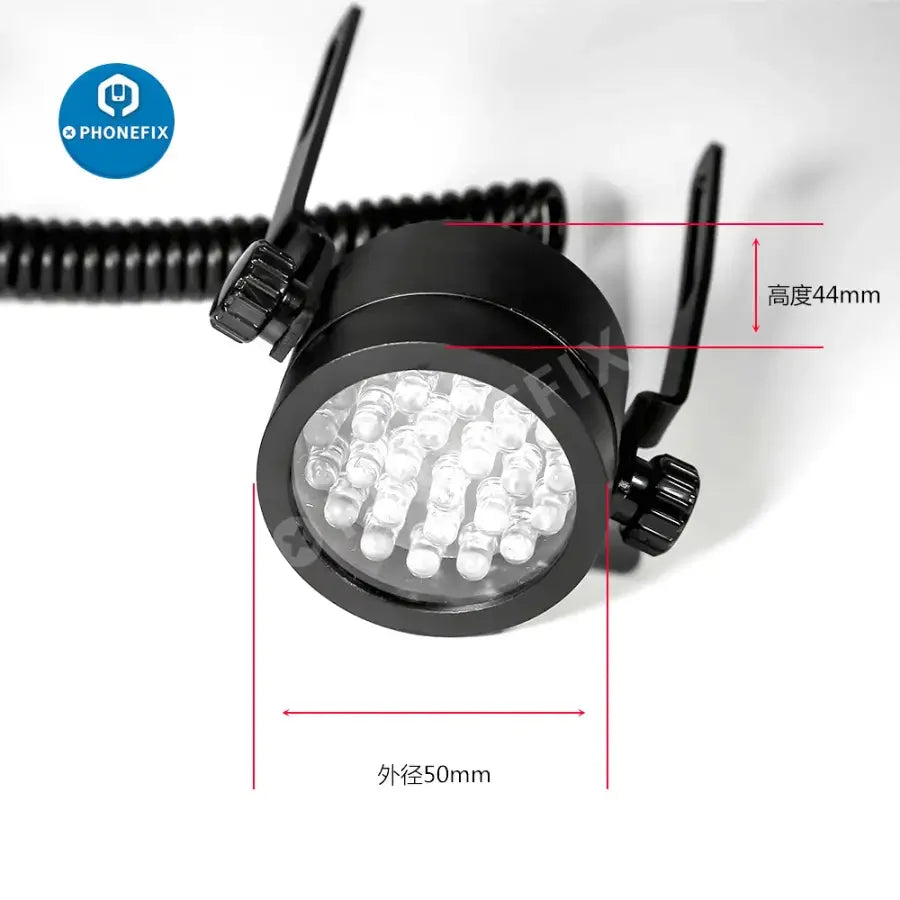 LED light lamp for industrial trinocular stereo zoom microscope, PHONEFIX brand, provides focused illumination for detailed viewing.