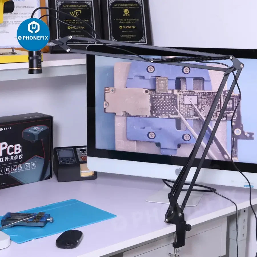 Soporte de mesa articulado ajustable para cámara de microscopio de PHONEFIX, perfecto para un montaje seguro y flexible de los accesorios del microscopio.