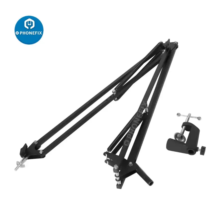 Adjustable universal boom table bracket for microscope camera, compatible with PHONEFIX microscope accessories and smartphones.