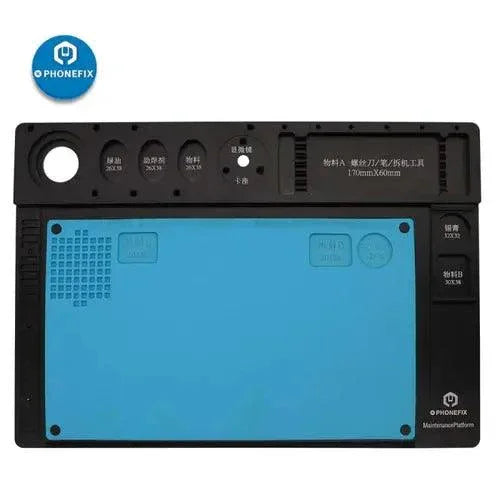 Aluminum alloy microscope fixed base with pad for PCB soldering and repair, designed as a PHONEFIX microscope accessory.