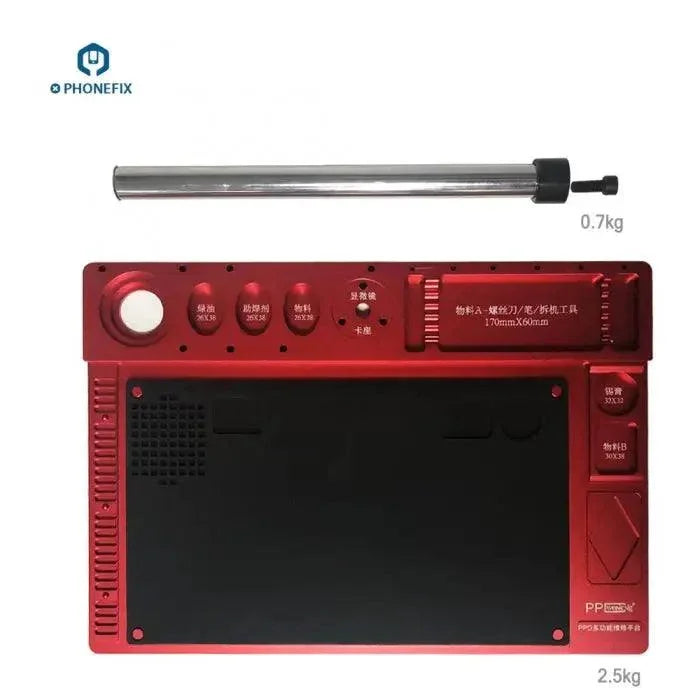 Red microscope fixed base aluminum alloy pad for PCB soldering and repair, used as a phonefix microscope accessory.