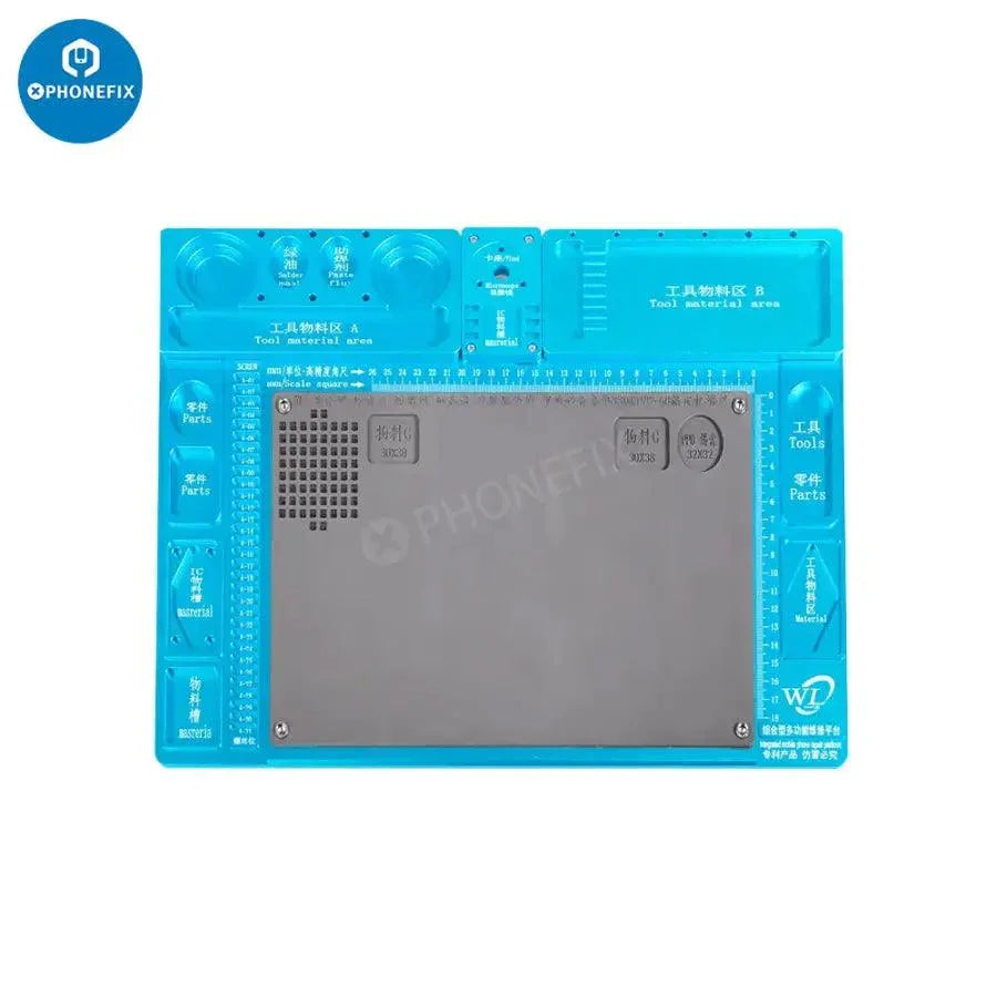 Red microscope fixed base aluminum alloy pad for PCB soldering and repair, part of PHONEFIX microscope accessories.