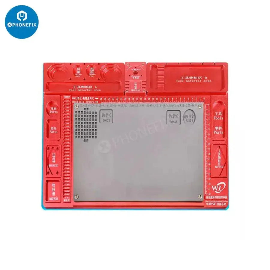 Red aluminum alloy fixed base pad for microscope, used for PCB soldering and repair, with PHONEFIX branding and 41x29cm size.