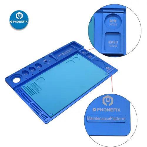 Red aluminum alloy microscope fixed base pad for PCB soldering and repair, designed for precise electronics work.