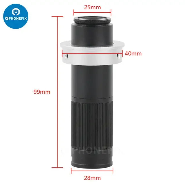 Deep depth of field CS C-mount microscope lens for monocular microscopes, with 90x to 240x magnification, by PHONEFIX.