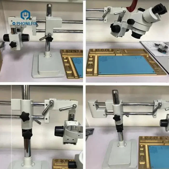 Adjustable metal microscope arm extension bracket holder by PHONEFIX, featuring a sturdy base for secure mounting of microscope accessories.