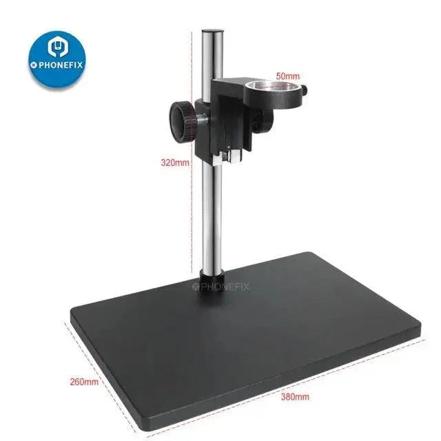 Adjustable stand bracket holder arm for stereo microscope, compatible with PHONEFIX microscope accessories, shown on a microscope.