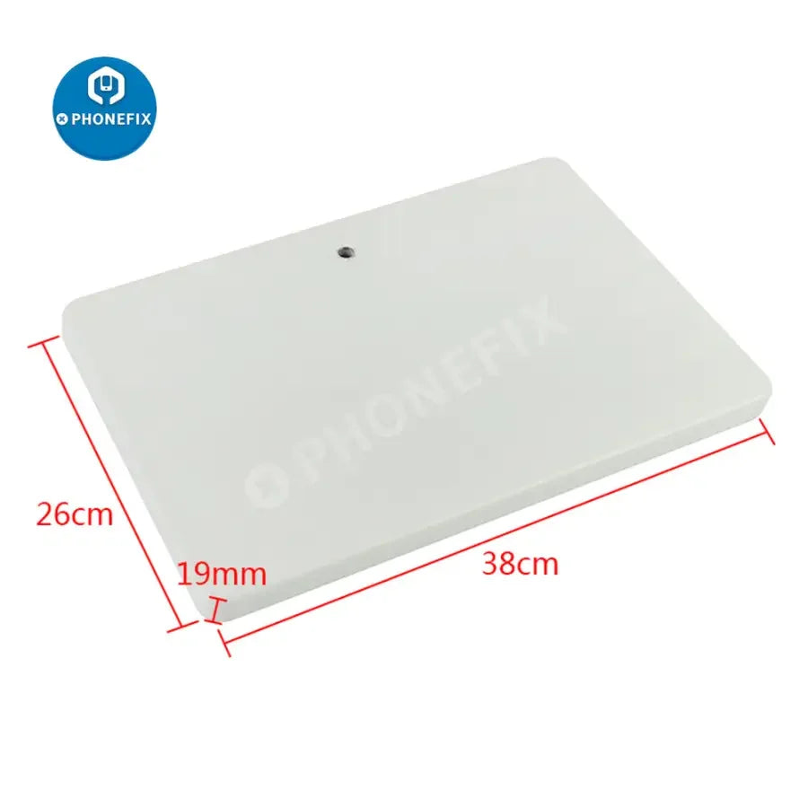 White stereo trinocular microscope base and stand holder, compatible with PHONEFIX microscope accessories, showing the sturdy support table.