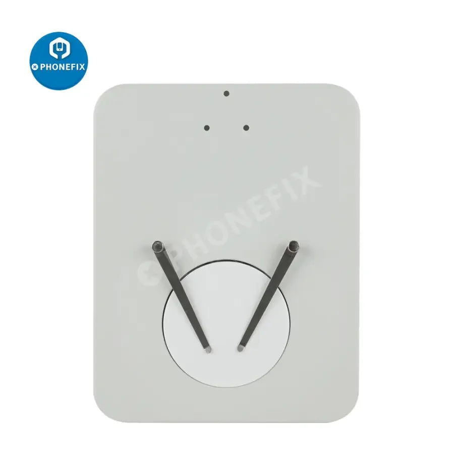 White stereo trinocular microscope base and working stand holder, compatible with PHONEFIX microscope accessories.