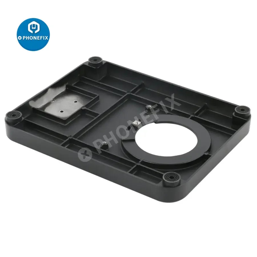 White stereo trinocular microscope base and stand holder, compatible with PHONEFIX microscope accessories for stable support.