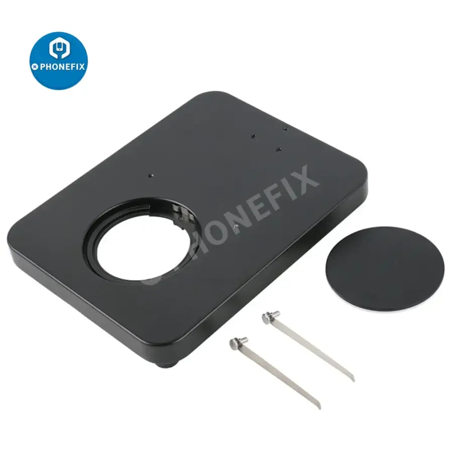 White stereo trinocular microscope base with adjustable working stand, designed for PHONEFIX microscope accessories.