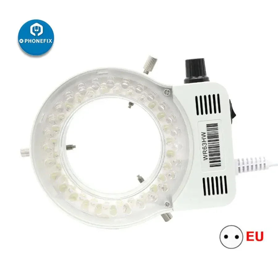 PHONEFIX 56 LED adjustable ring light illuminator for stereo microscopes, black, with EU plug, enhances microscope lighting.